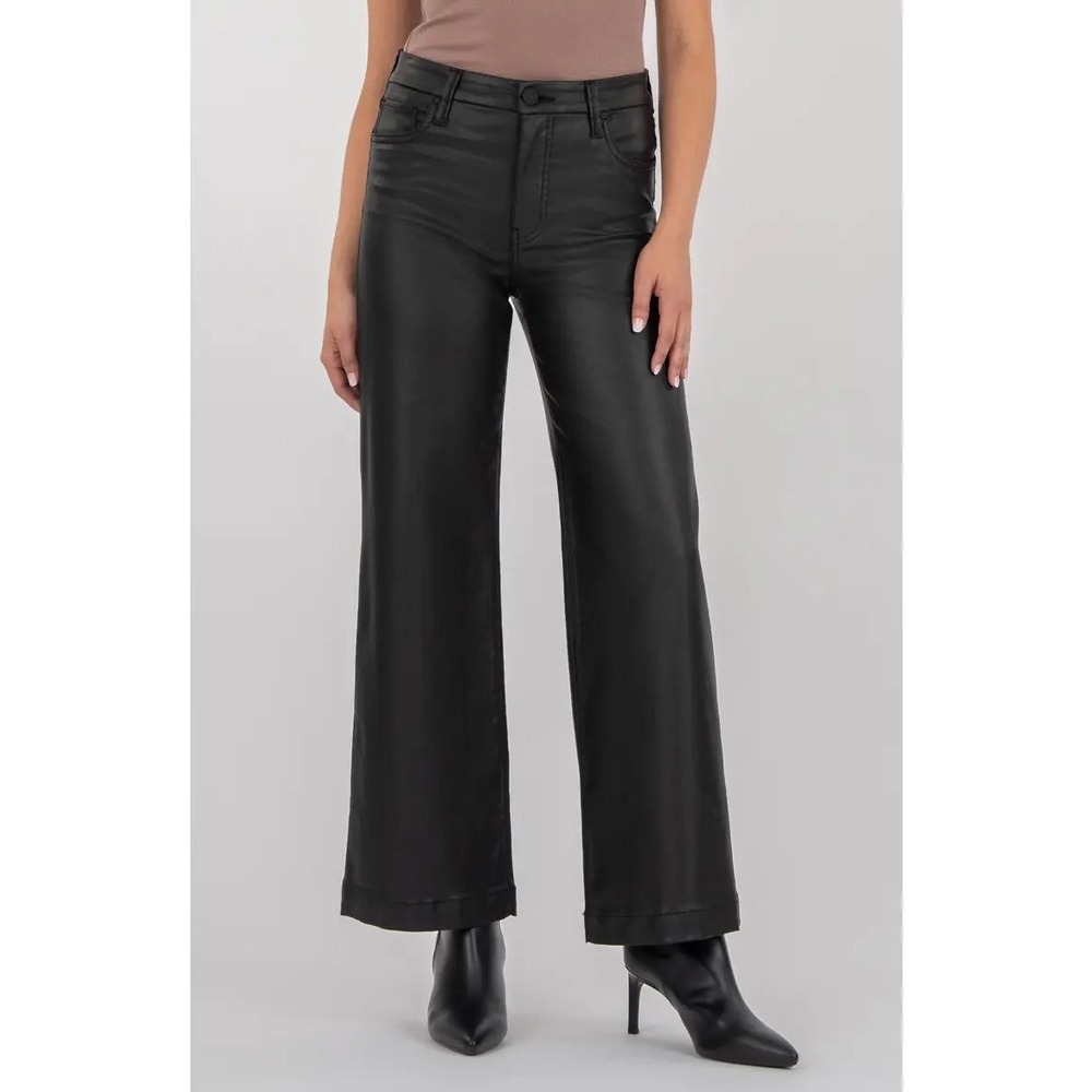 KUT from the Kloth Meg Fab Ab Wide Leg Coated Black Pants High Rise Size 12